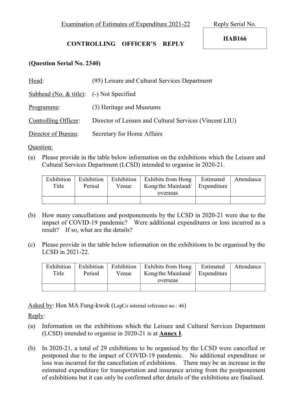 Examination of Estimates of Expenditure 2021-22 Reply Serial No