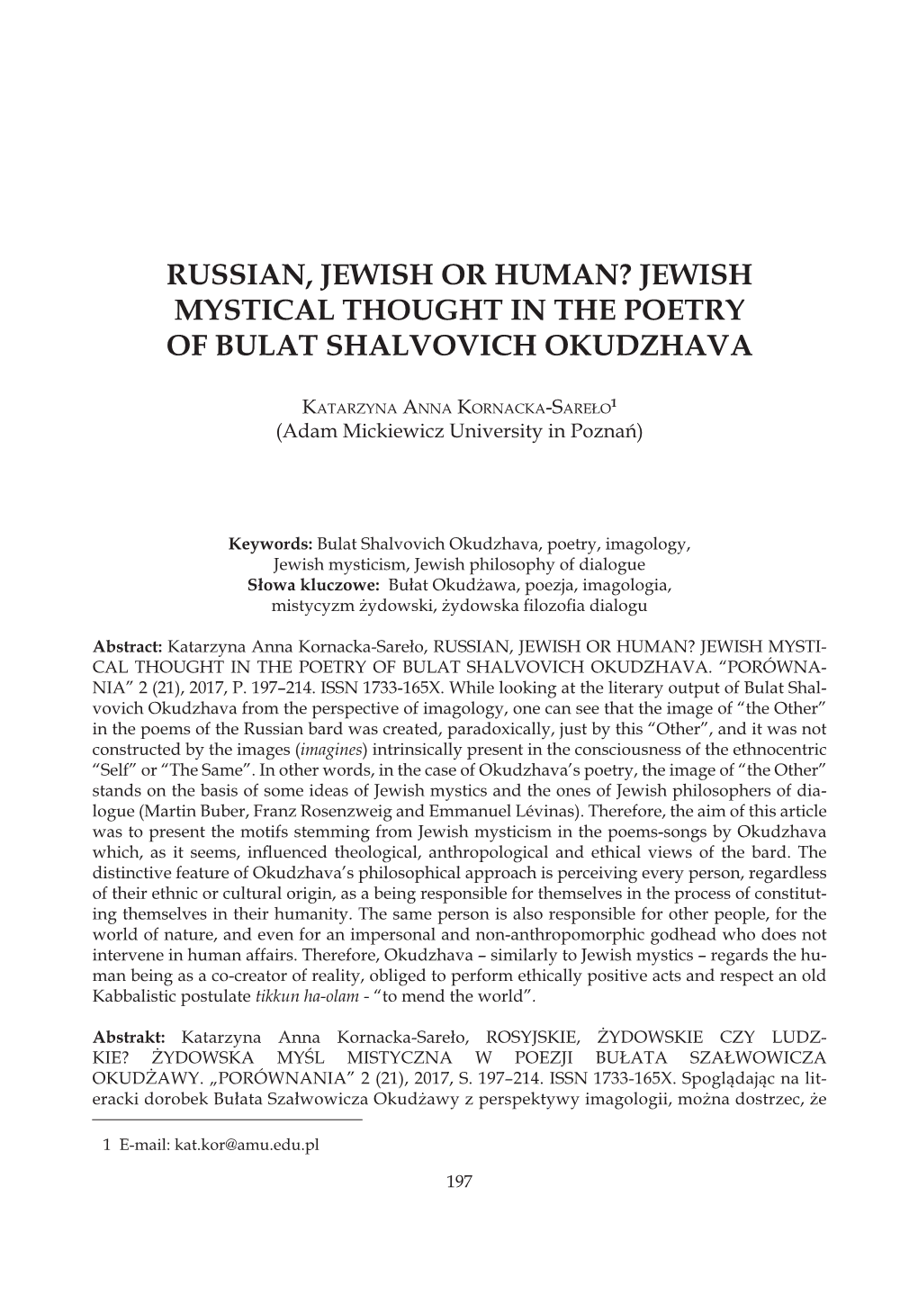 Russian, Jewish Or Human? Jewish Mystical Thought in the Poetry of Bulat Shalvovich Okudzhava