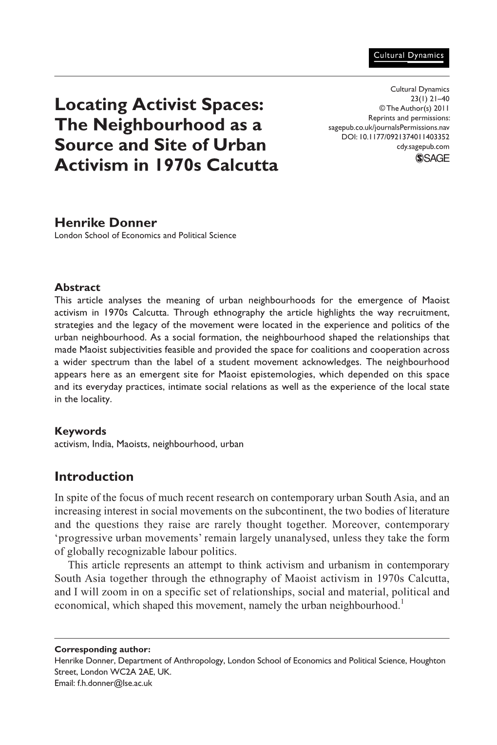 Locating Activist Spaces: the Neighbourhood As a Source and Site of Urban Activism in 1970S Calcutta