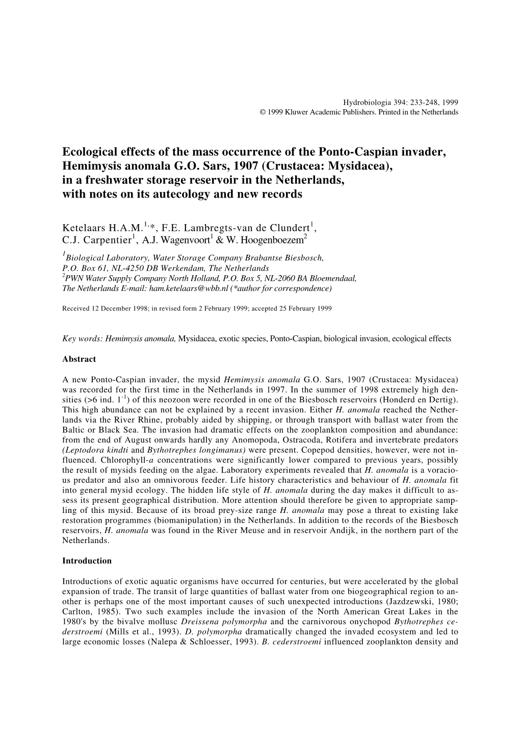 Ecological Effects of the Mass Occurrence of the Ponto-Caspian Invader, Hemimysis Anomala G.O