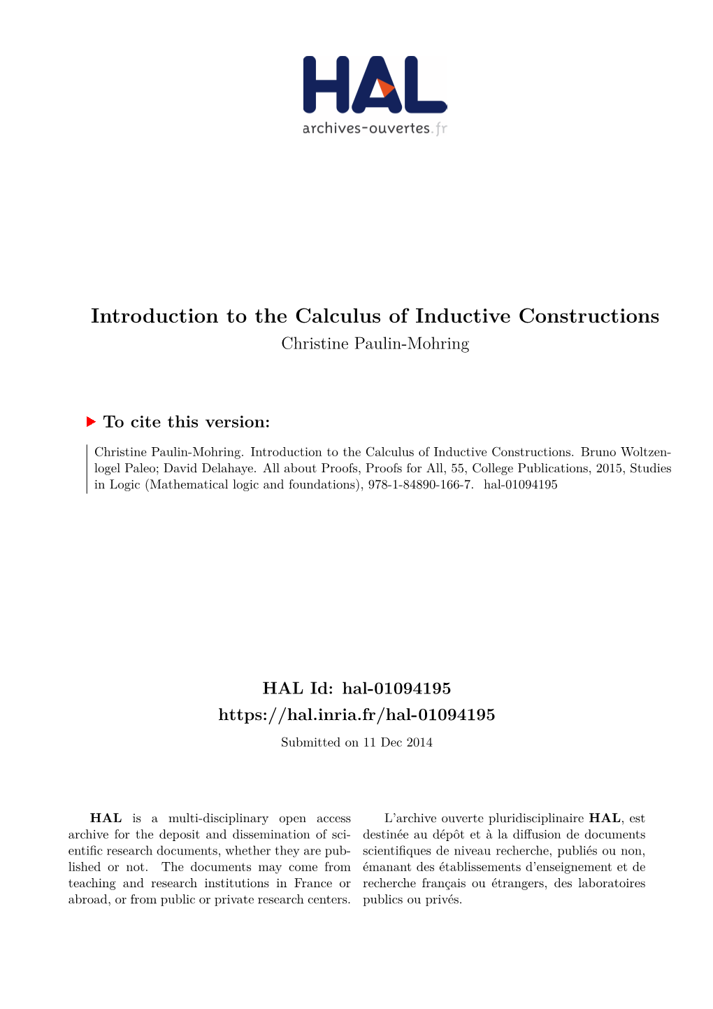 Introduction to the Calculus of Inductive Constructions Christine Paulin-Mohring