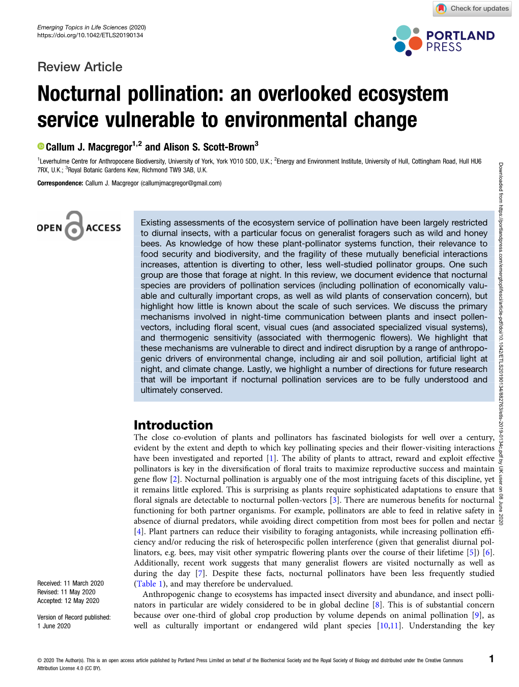 Nocturnal Pollination: an Overlooked Ecosystem Service Vulnerable to Environmental Change