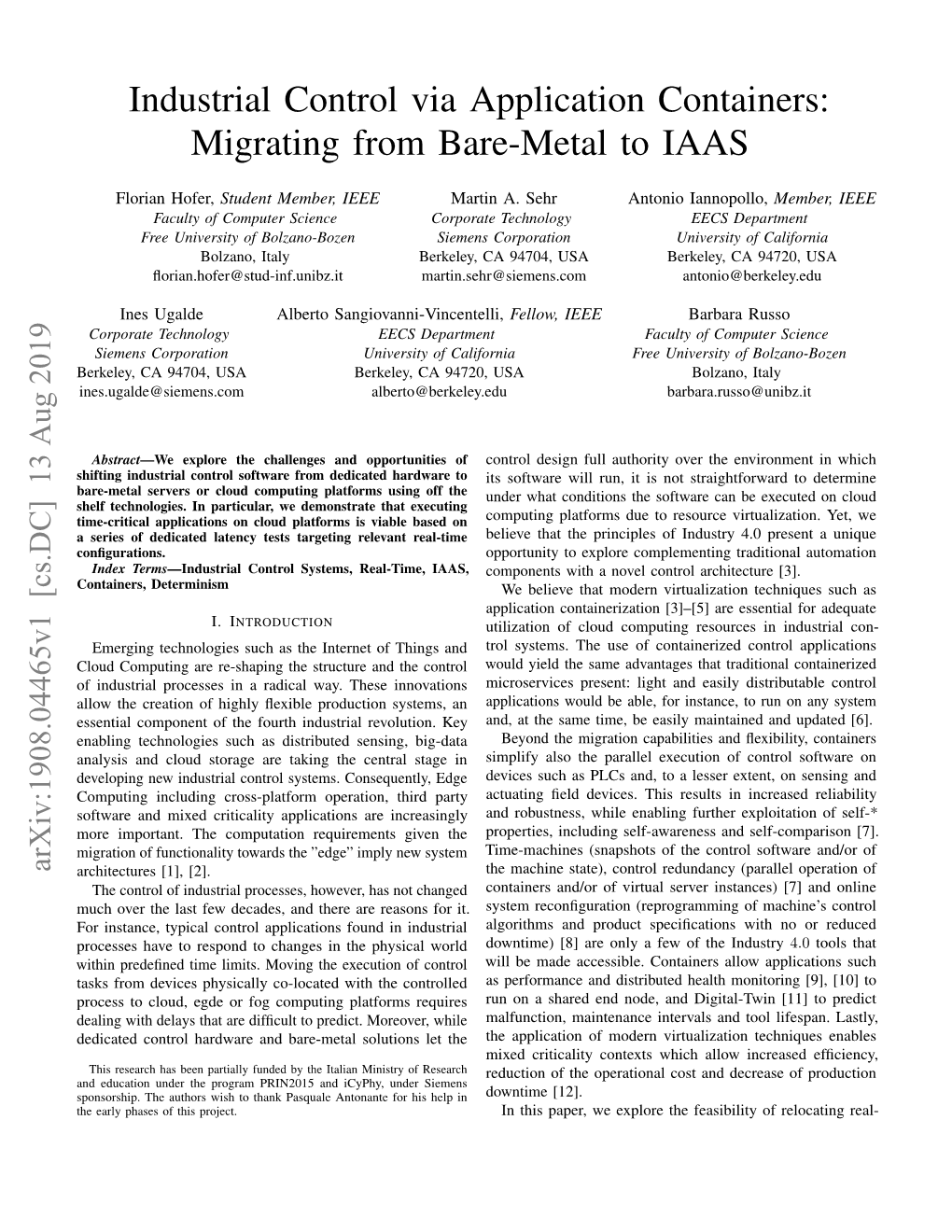 Industrial Control Via Application Containers: Migrating from Bare-Metal to IAAS