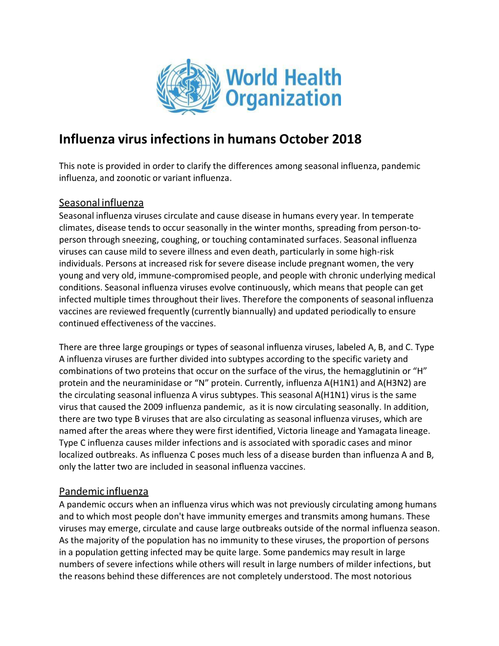 Influenza Virus Infections in Humans October 2018