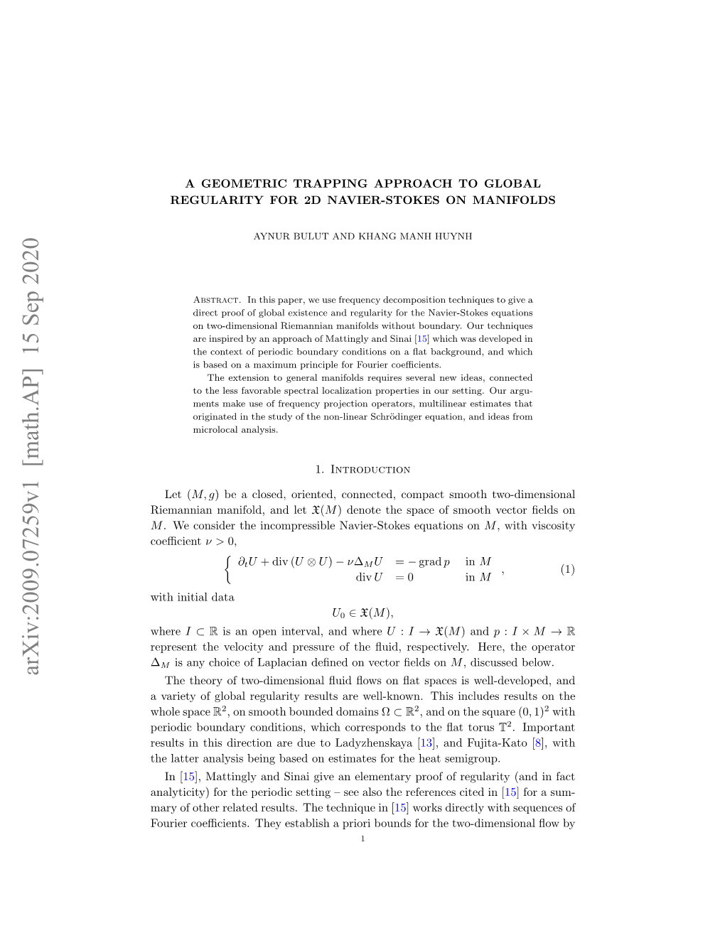 Arxiv:2009.07259V1 [Math.AP] 15 Sep 2020