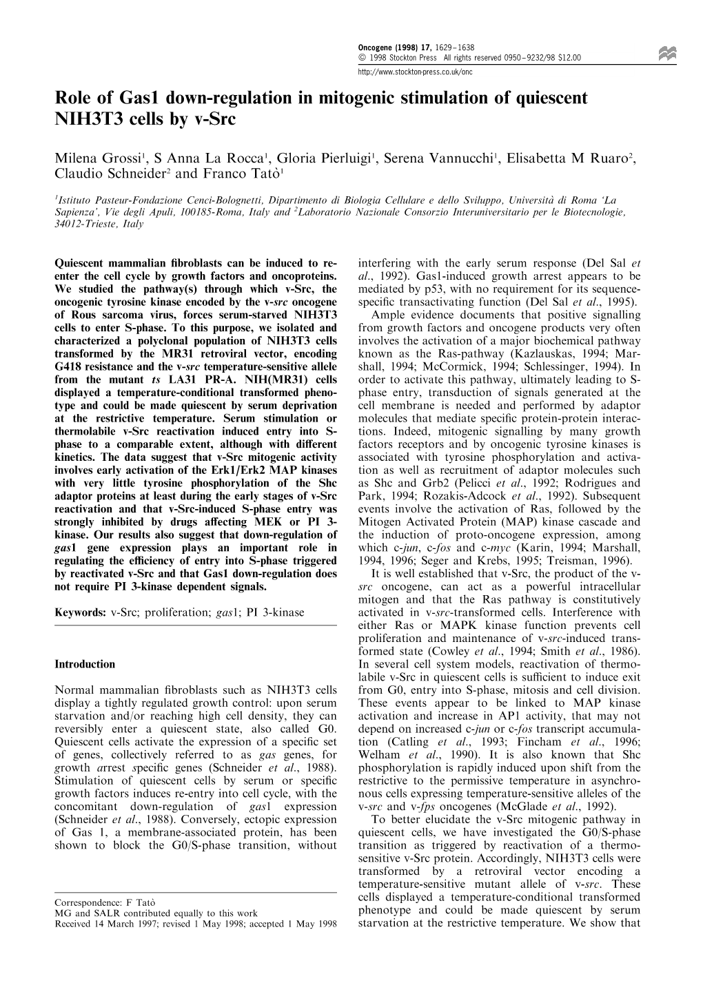 Role of Gas1 Down-Regulation in Mitogenic Stimulation of Quiescent NIH3T3 Cells by V-Src