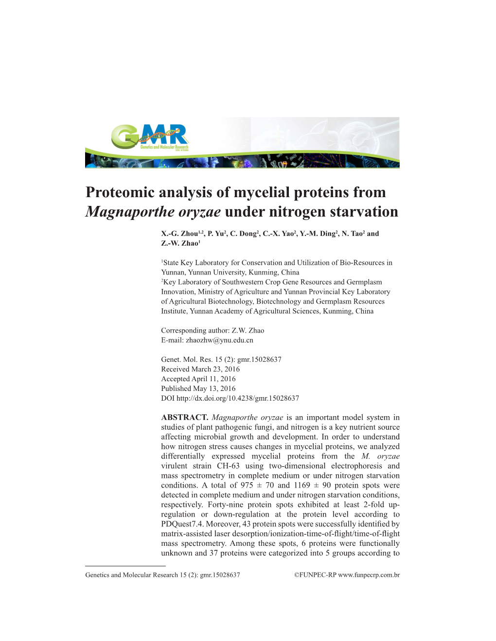 Proteomic Analysis of Mycelial Proteins from Magnaporthe Oryzae Under Nitrogen Starvation