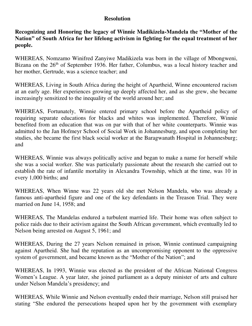 Resolution Recognizing and Honoring the Legacy of Winnie Madikizela