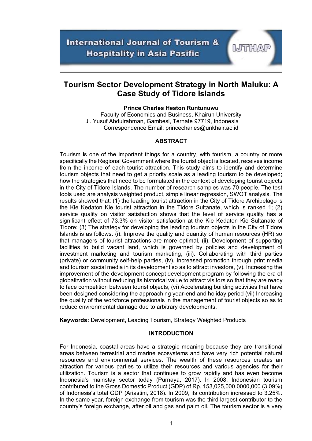 Tourism Sector Development Strategy in North Maluku: a Case Study of Tidore Islands