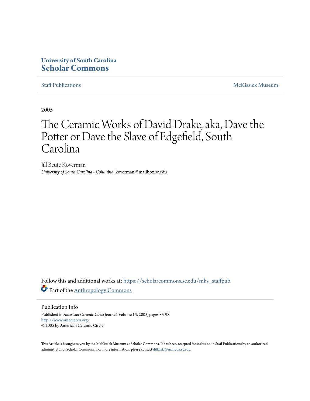 The Ceramic Works of David Drake, Aka, Dave the Potter Or Dave the Slave of Edgefield, South Carolina