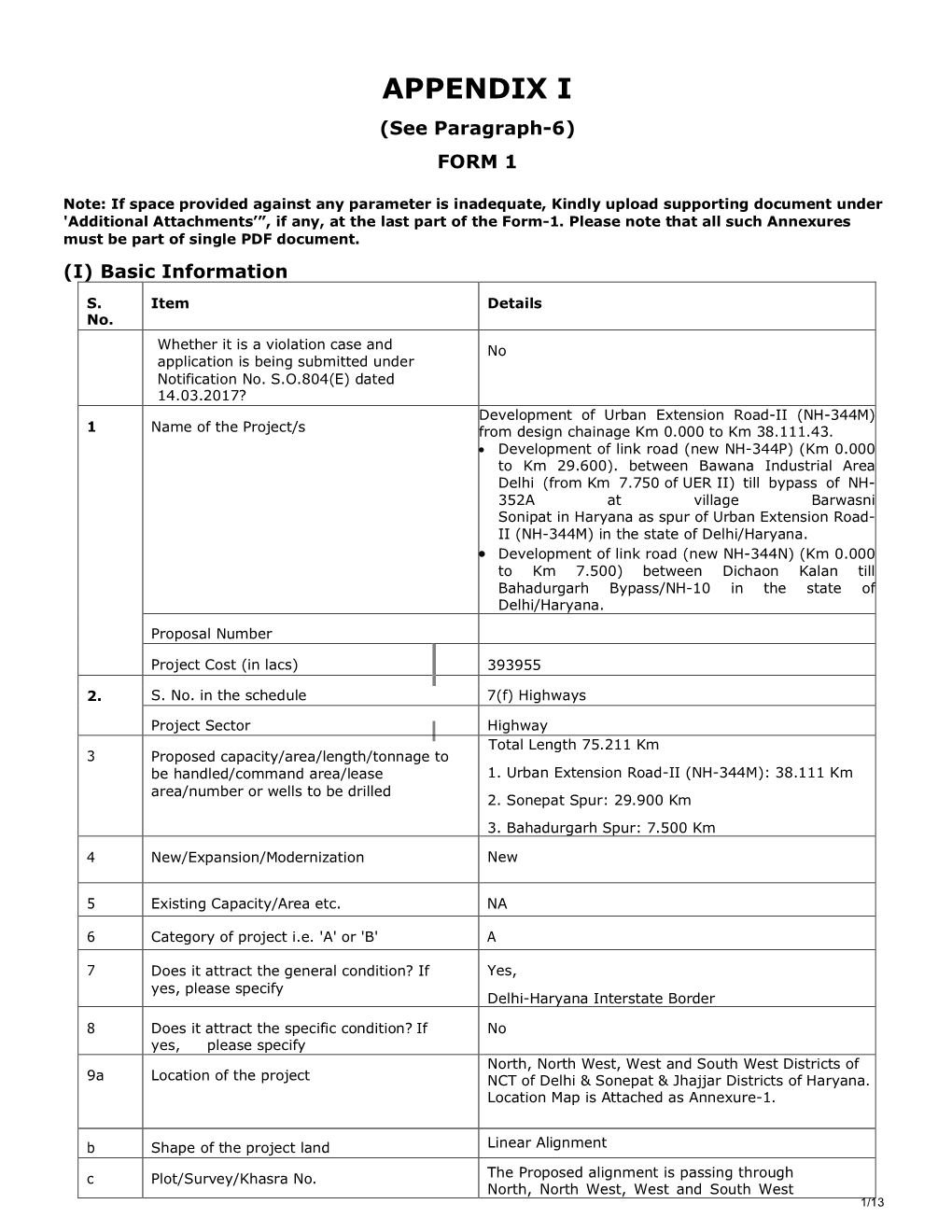 APPENDIX I (See Paragraph-6) FORM 1