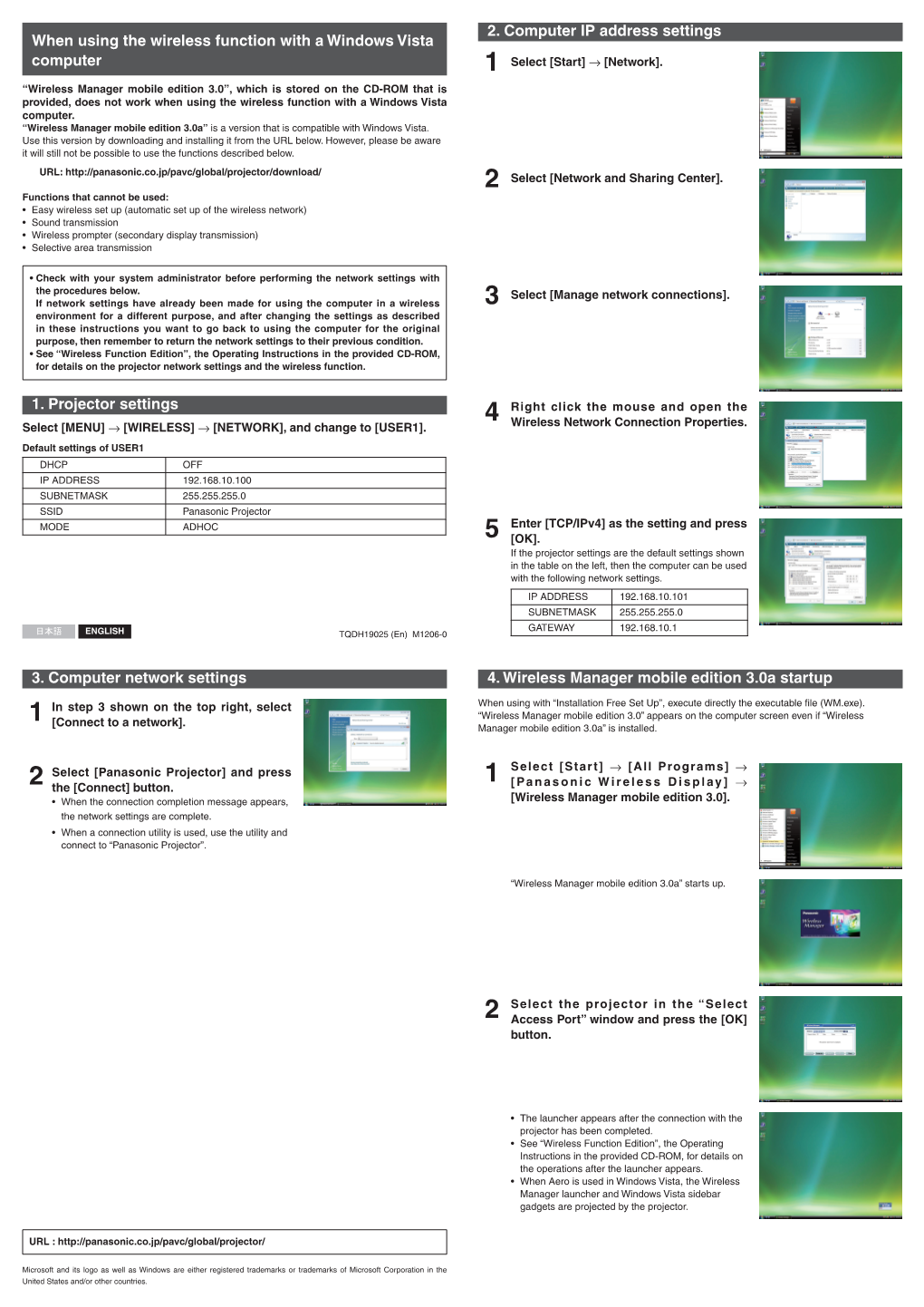 When Using the Wireless Function with a Windows Vista Computer 3. Computer Network Settings 1. Projector Settings 2. Computer IP