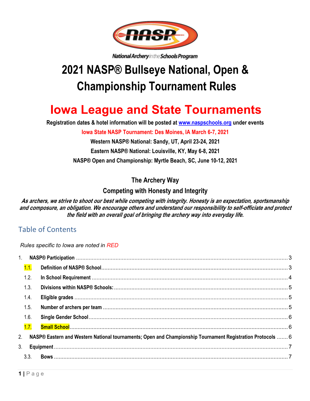 2021 NASP® Bullseye National, Open & Championship Tournament Rules Iowa League and State Tournaments