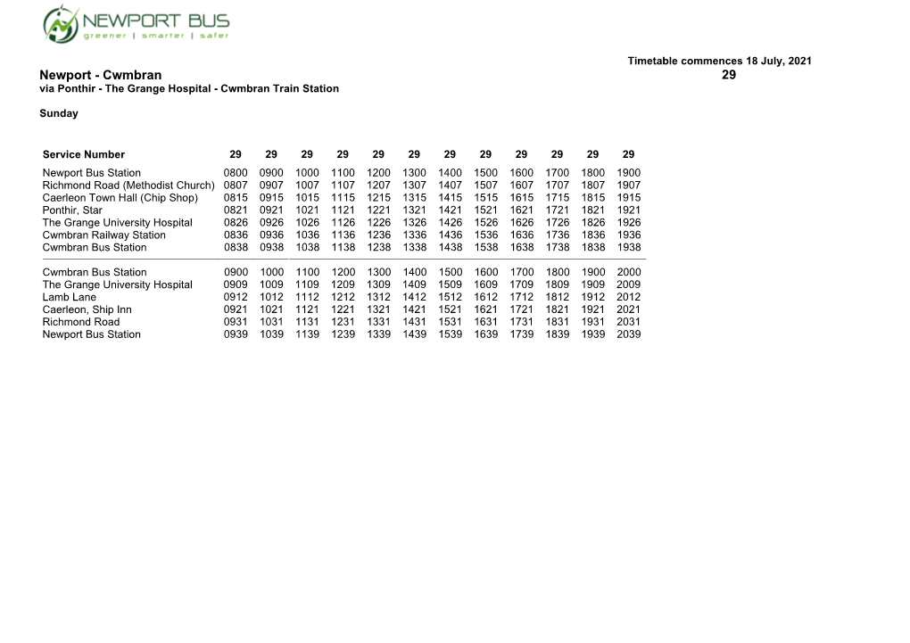 Timetable Route 29