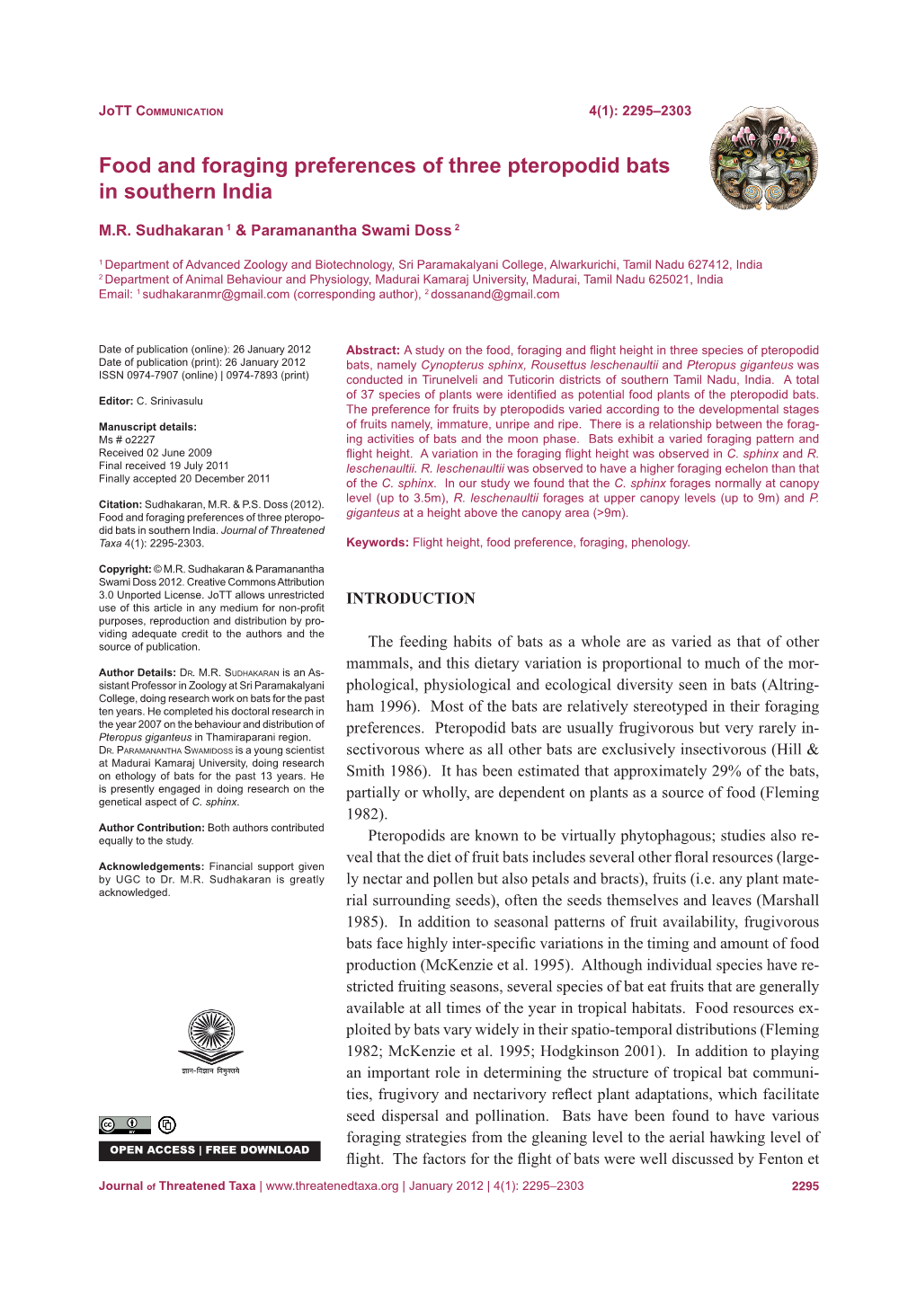 Food and Foraging Preferences of Three Pteropodid Bats in Southern India