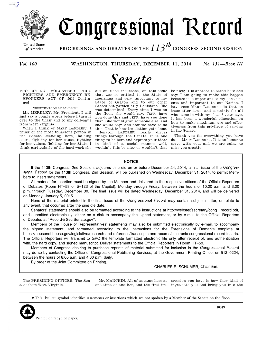 Congressional Record United States Th of America PROCEEDINGS and DEBATES of the 113 CONGRESS, SECOND SESSION