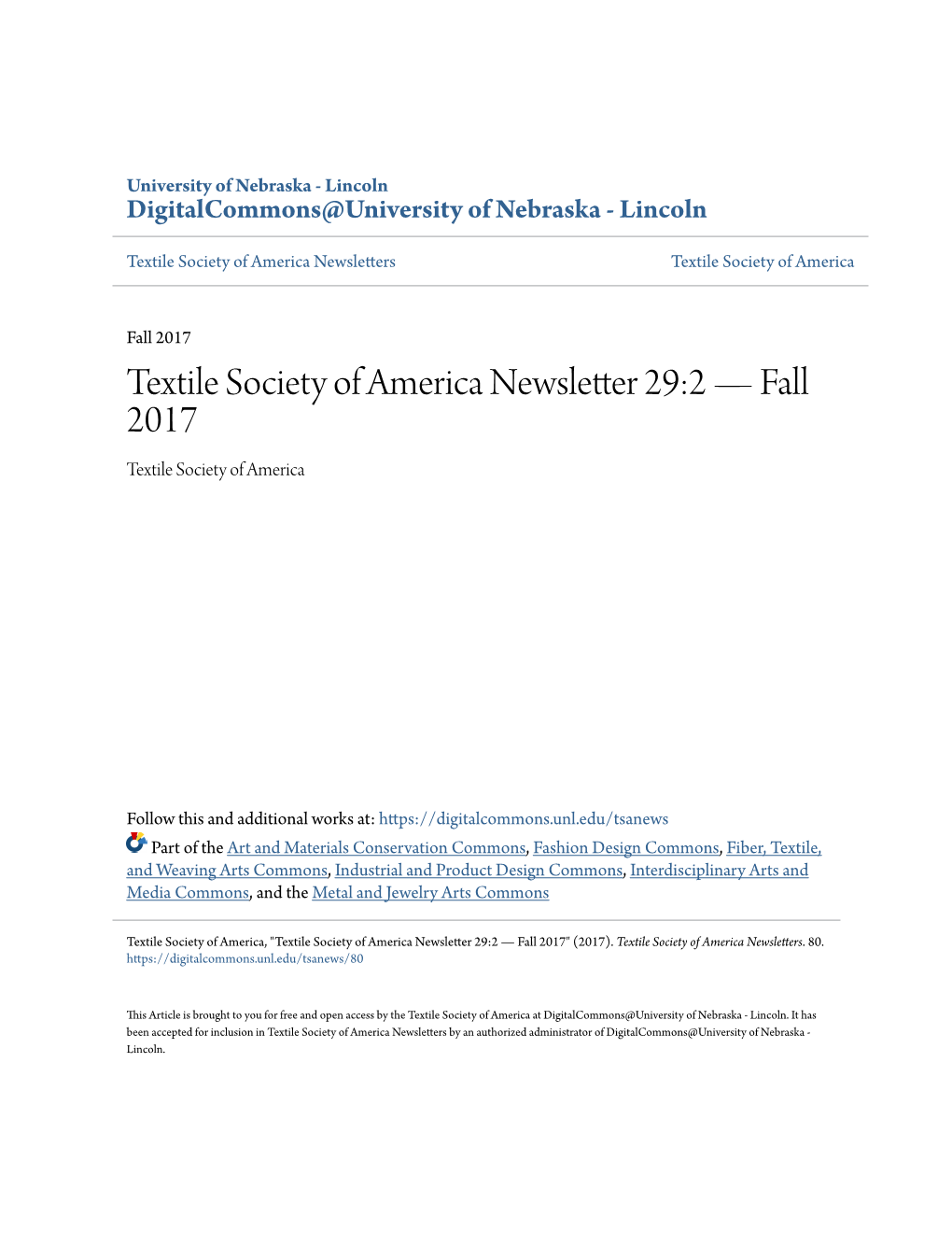 Textile Society of America Newsletter 29:2 — Fall 2017 Textile Society of America