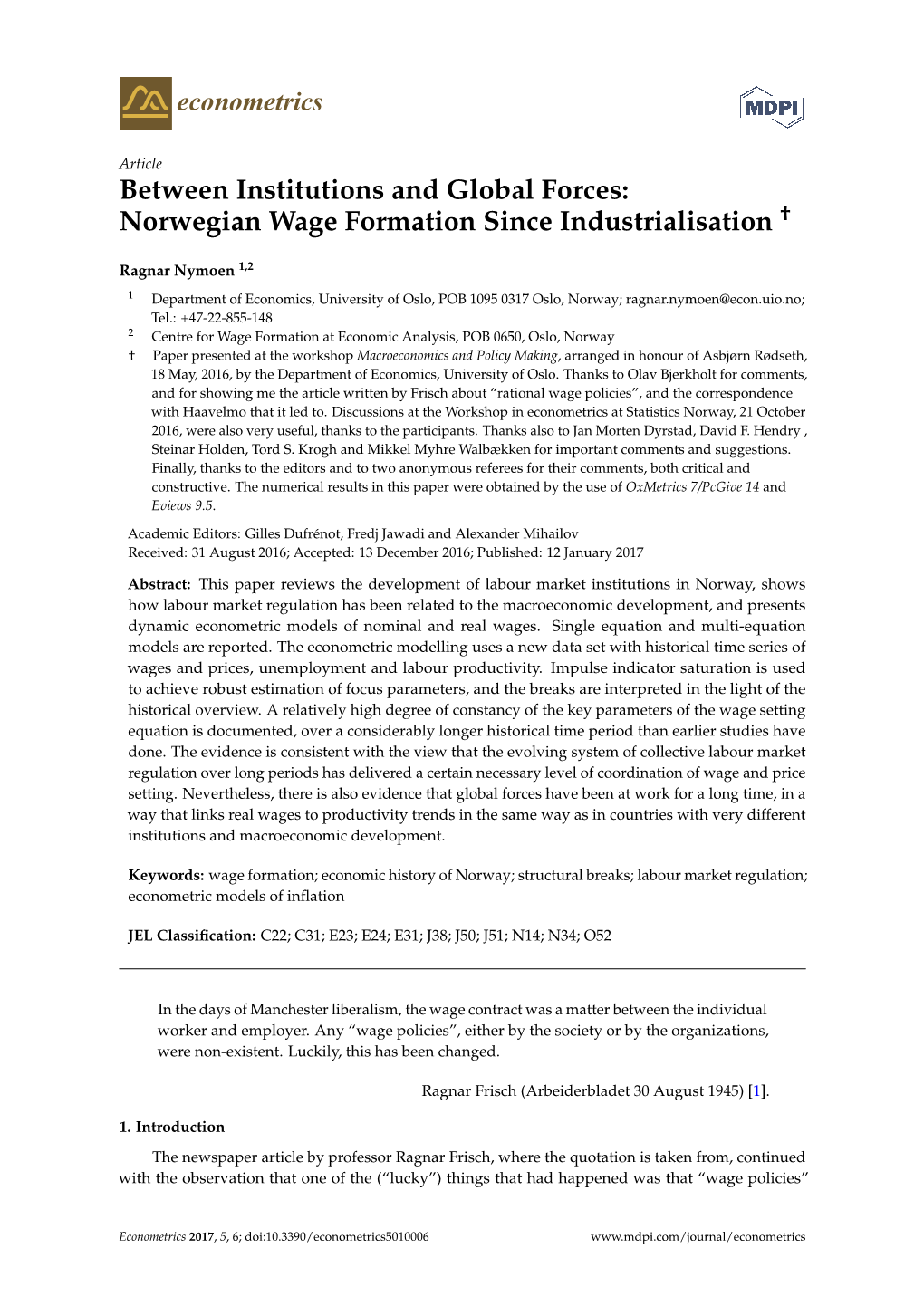 Between Institutions and Global Forces: Norwegian Wage Formation Since Industrialisation †