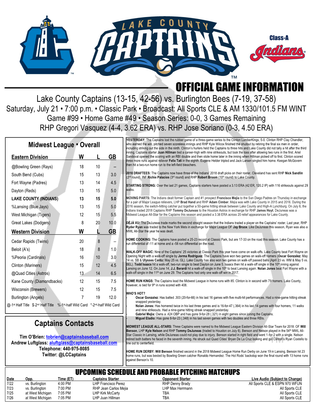 OFFICIAL GAME INFORMATION Lake County Captains (13-15, 42-56) Vs