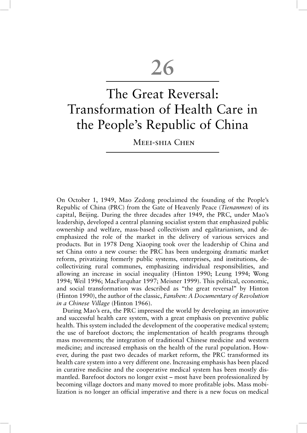 Transformation of Health Care in the People's Republic of China Meei-Shia Chen