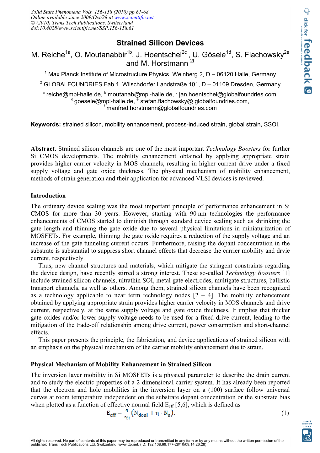 Strained Silicon Devices M. Reiche , O. Moutanabbir , J. Hoentschel , U