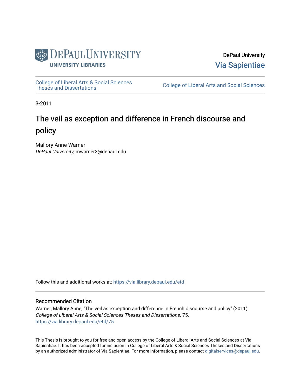 The Veil As Exception and Difference in French Discourse and Policy