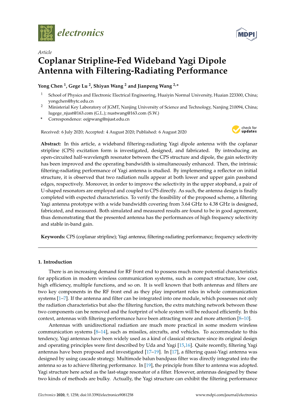 Coplanar Stripline-Fed Wideband Yagi Dipole Antenna with Filtering-Radiating Performance