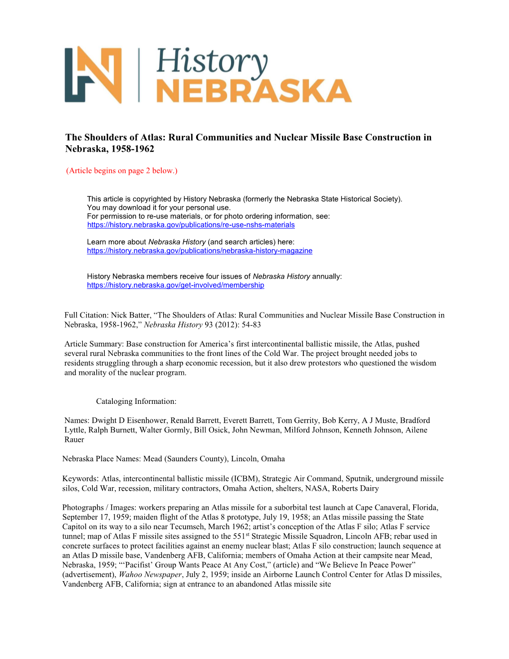 The Shoulders of Atlas: Rural Communities and Nuclear Missile Base Construction in Nebraska, 1958-1962