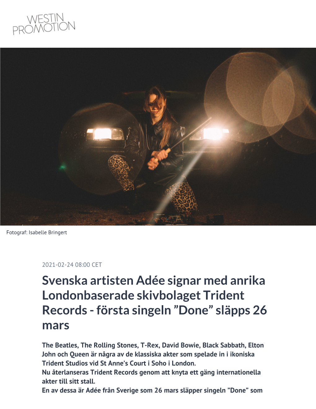 Svenska Artisten Adée Signar Med Anrika Londonbaserade Skivbolaget Trident Records - Första Singeln ”Done” Släpps 26 Mars