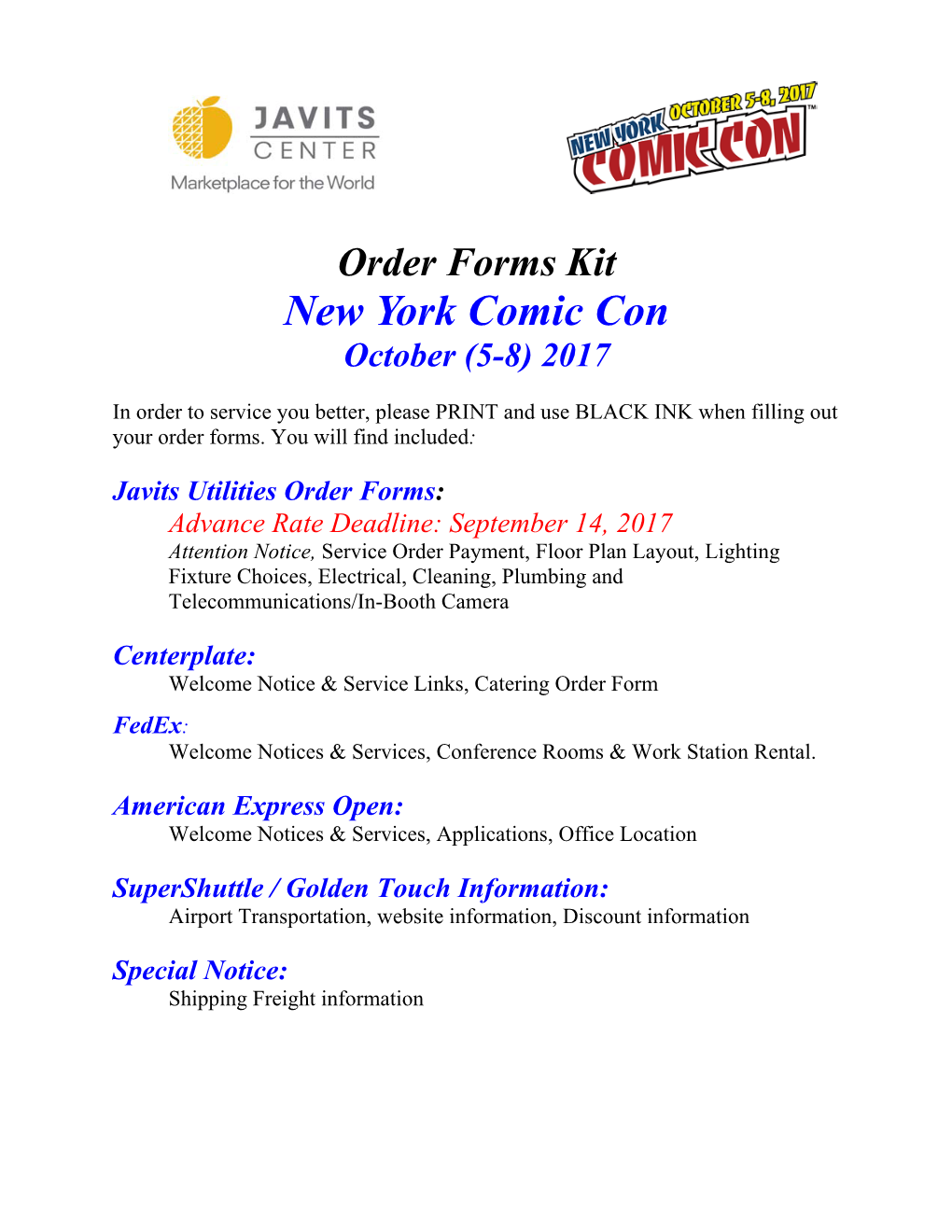 Order Forms Kit New York Comic Con October (5-8) 2017