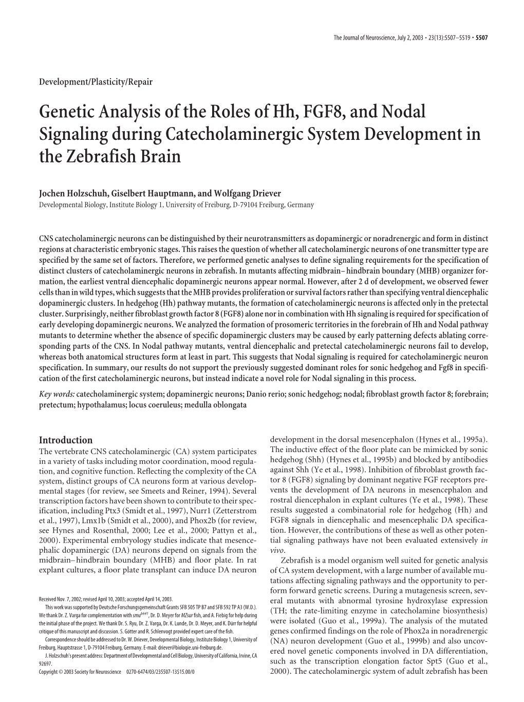 Genetic Analysis of the Roles of Hh, FGF8, and Nodal Signaling During Catecholaminergic System Development in the Zebrafish Brain