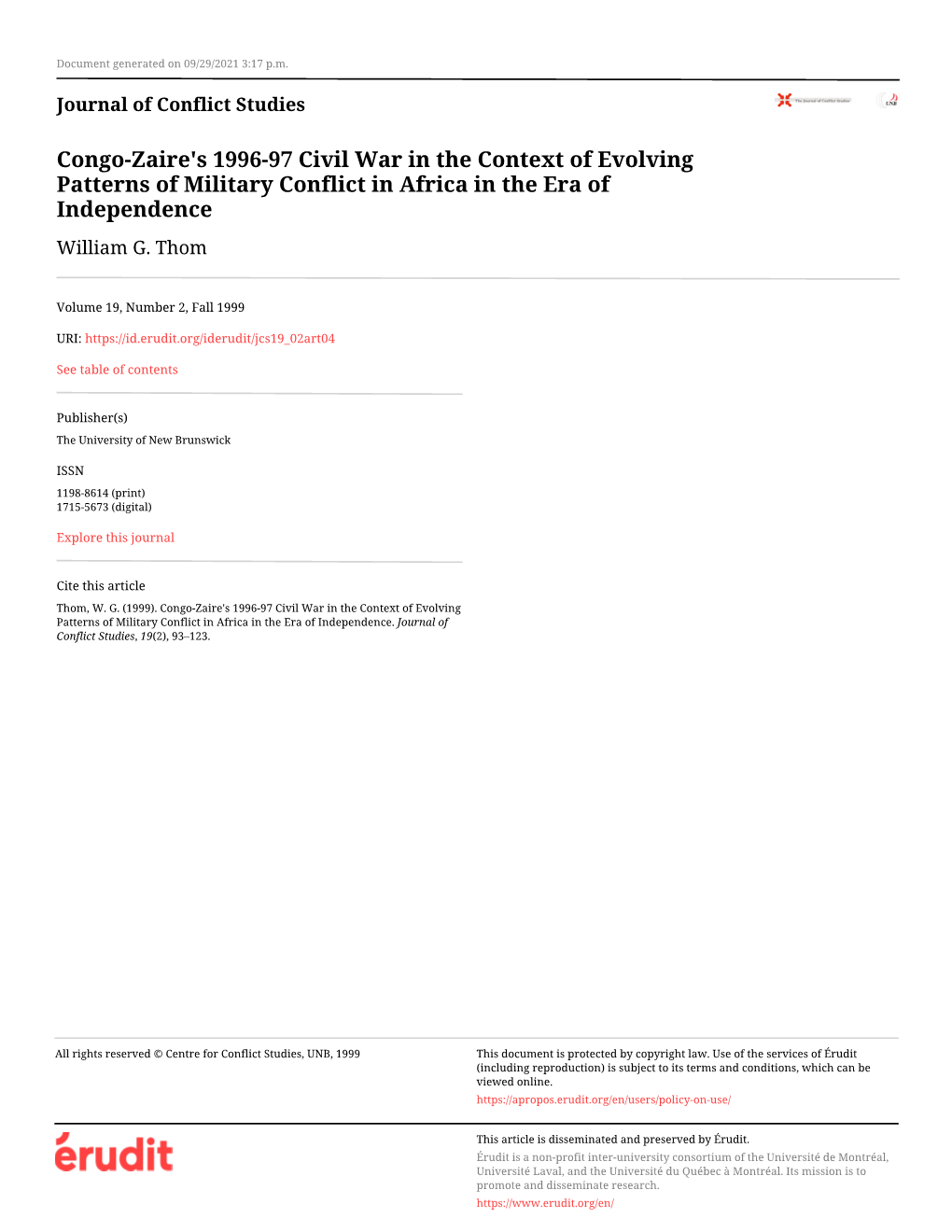 Congo-Zaire's 1996-97 Civil War in the Context of Evolving Patterns of Military Conflict in Africa in the Era of Independence William G