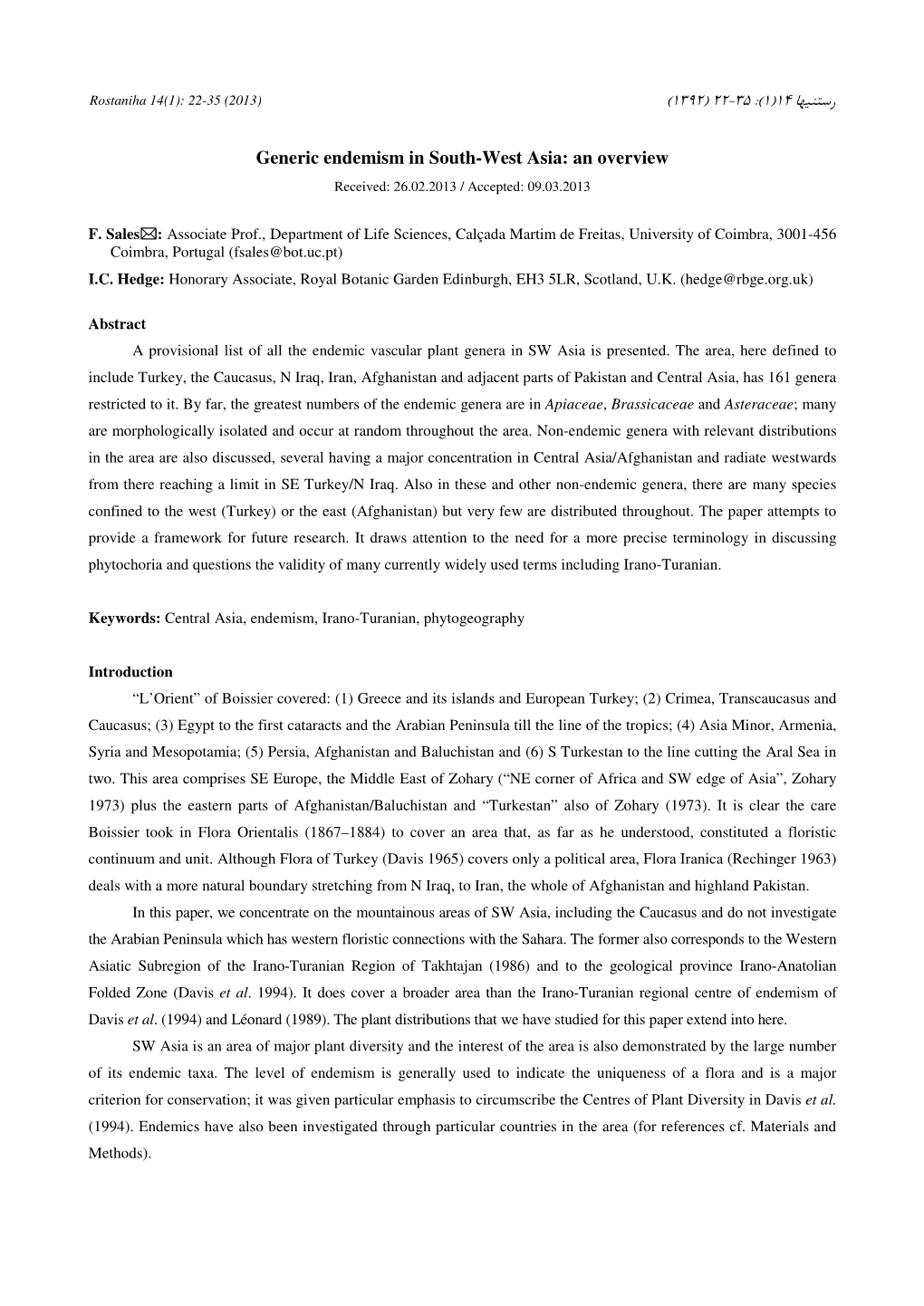 (35-22) 1392( Generic Endemism in South-West Asia: an Overview