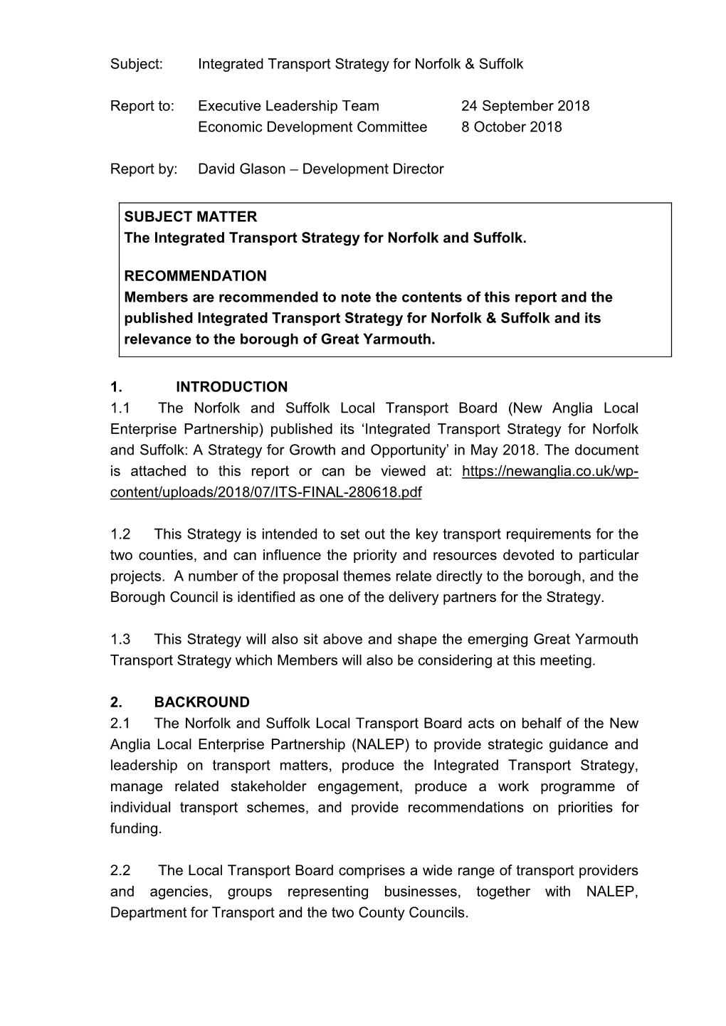 Integrated Transport Strategy for Norfolk & Suffolk Report To