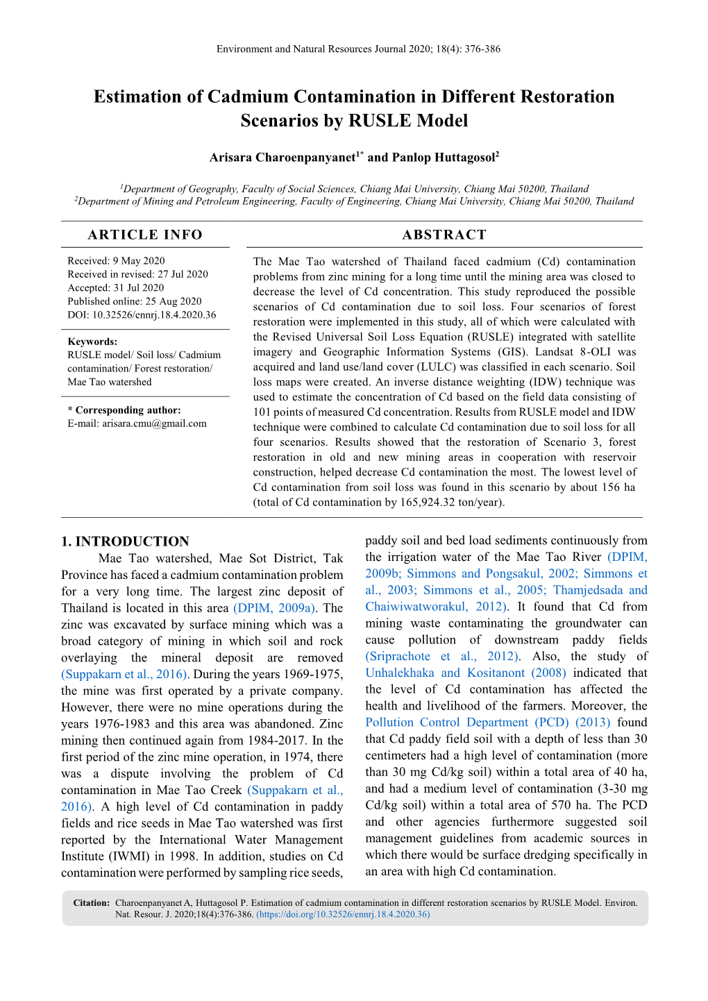 Estimation of Cadmium Contamination in Different Restoration Scenarios by RUSLE Model