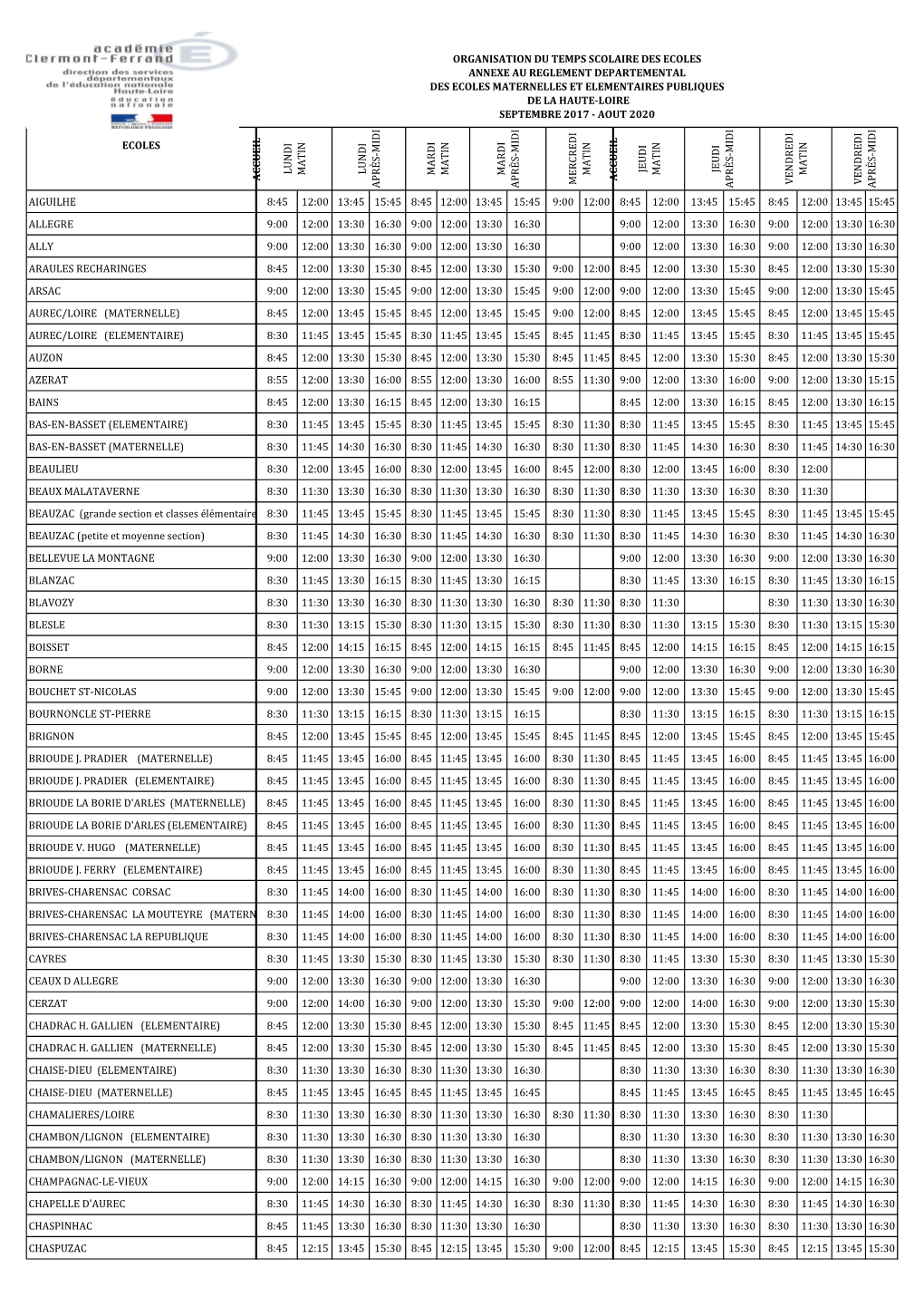 Ecoles a C C U E Il a C C U E Il Aiguilhe 8:45 12:00 13:45 15