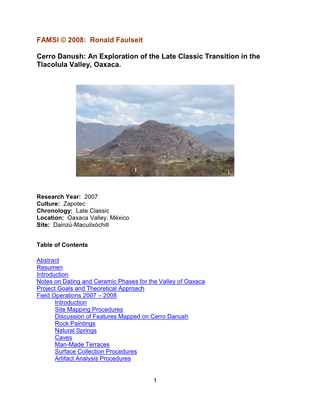 Cerro Danush: an Exploration of the Late Classic Transition in the Tlacolula Valley, Oaxaca