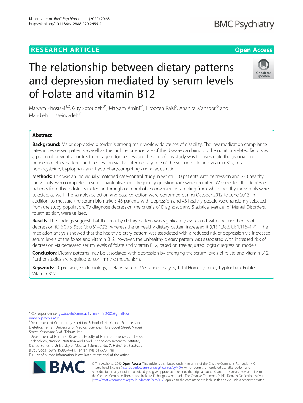 The Relationship Between Dietary Patterns and Depression Mediated