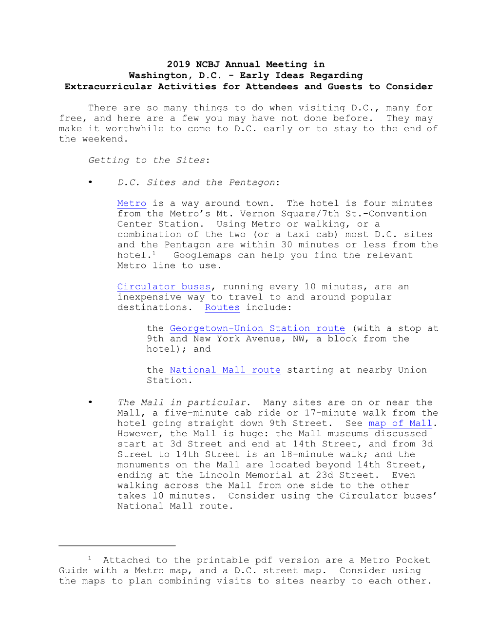2019 NCBJ Annual Meeting in Washington, D.C. - Early Ideas Regarding Extracurricular Activities for Attendees and Guests to Consider