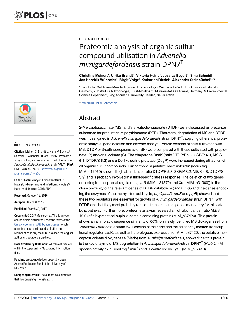 Proteomic Analysis of Organic Sulfur Compound Utilisation in Advenella Mimigardefordensis Strain DPN7T