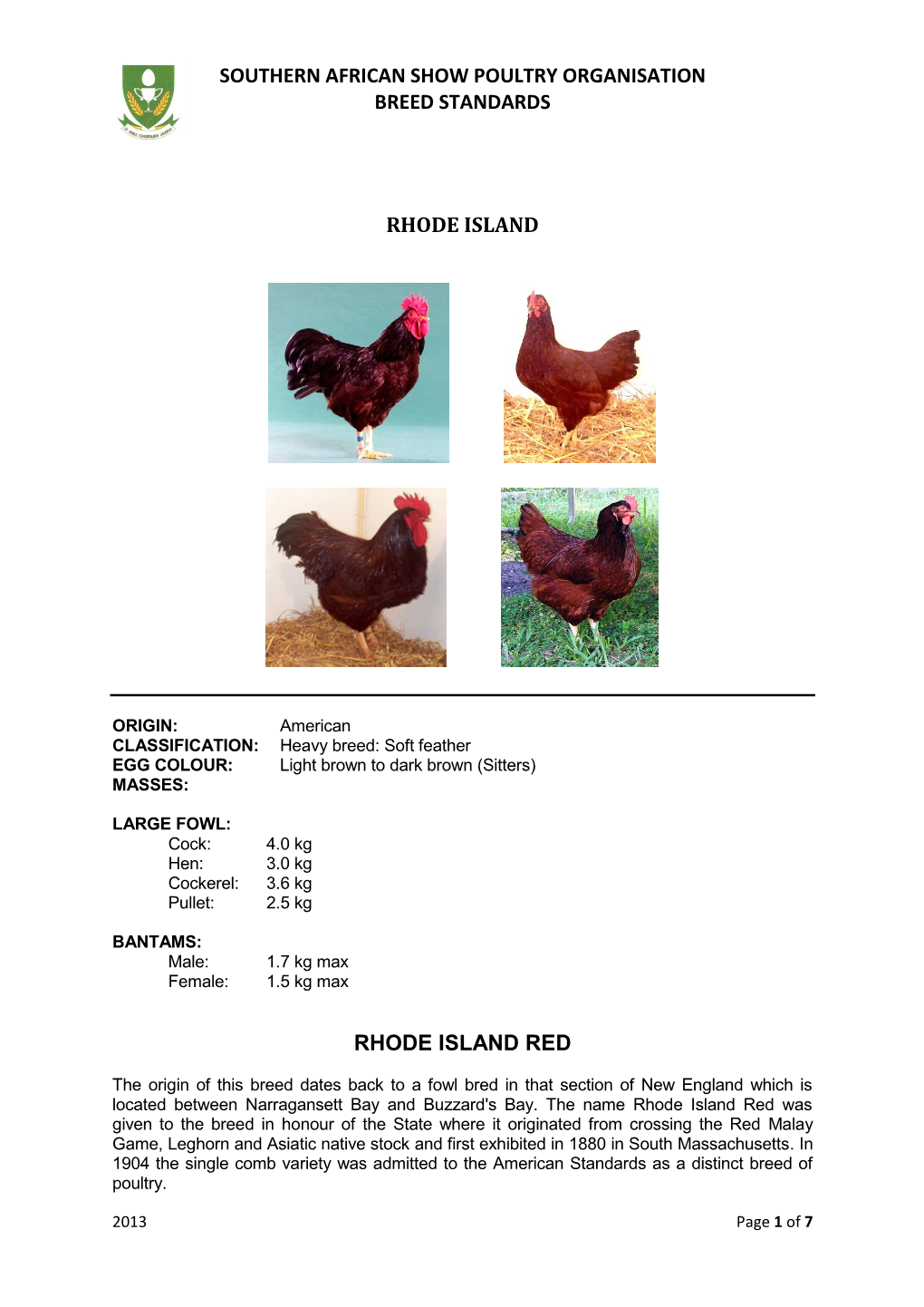 The South African Breed Standard for the Rhode Island