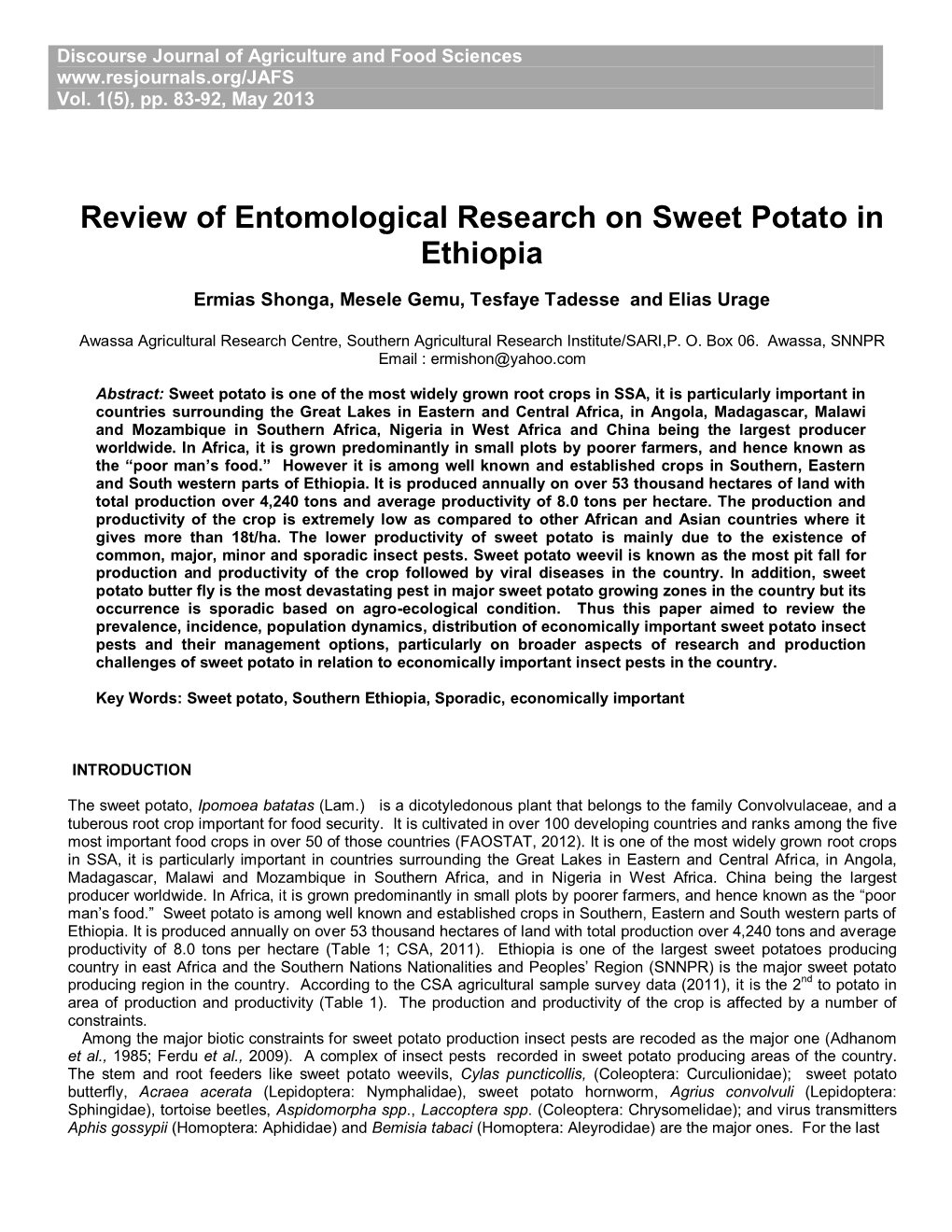 Review of Entomological Research on Sweet Potato in Ethiopia