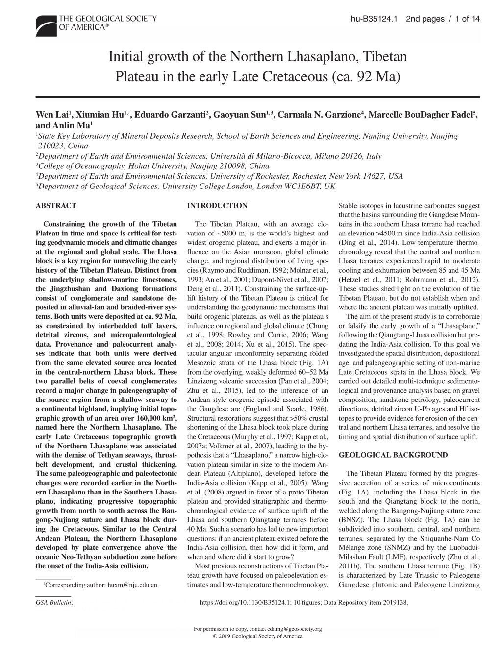 Initial Growth of the Northern Lhasaplano, Tibetan Plateau in the Early Late Cretaceous (Ca