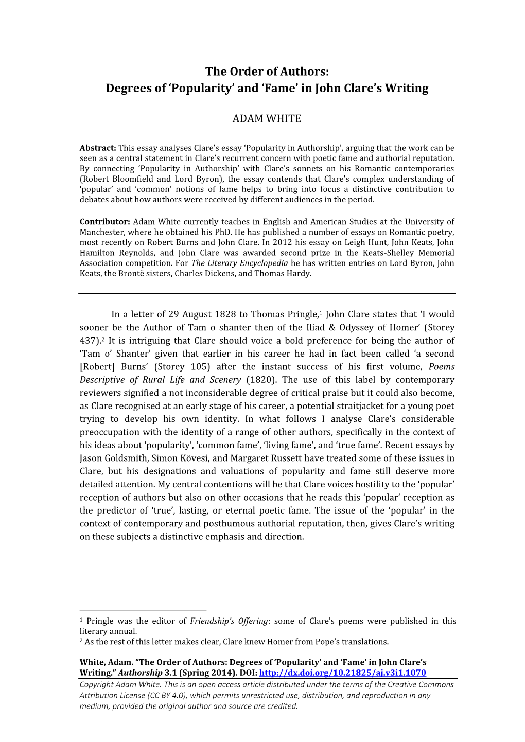 The Order of Authors: Degrees of 'Popularity' and 'Fame' in John Clare's Writing