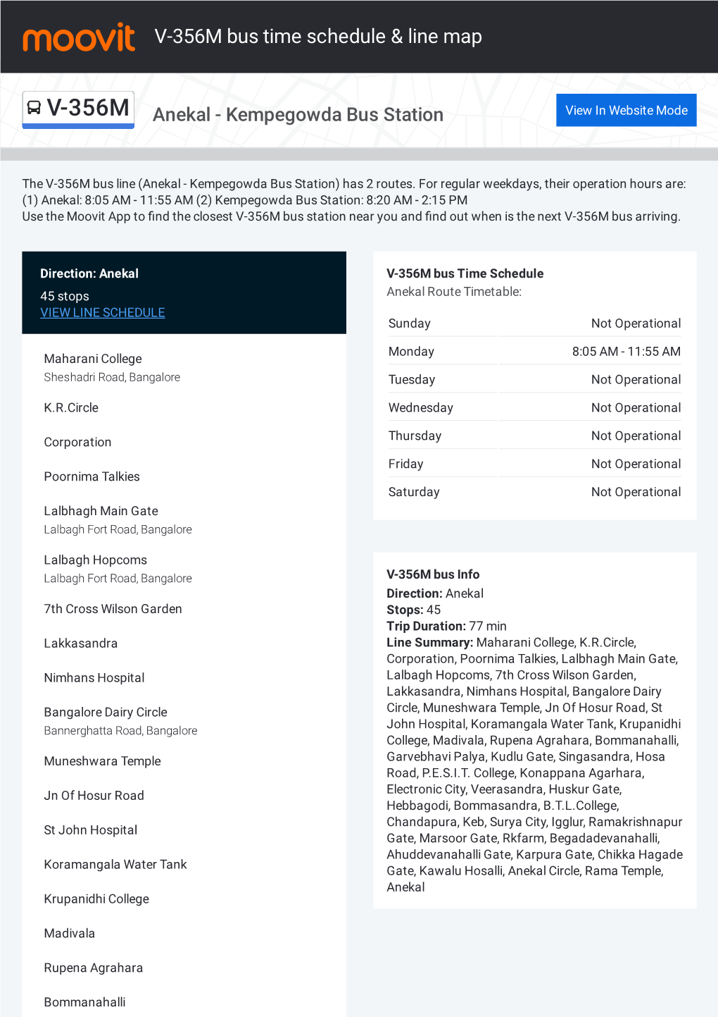 V-356M Bus Time Schedule & Line Route