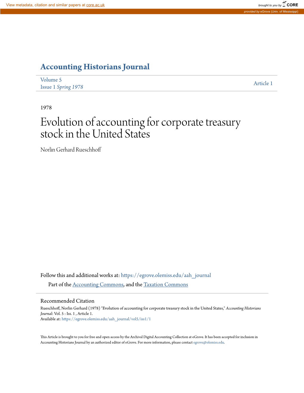 Evolution of Accounting for Corporate Treasury Stock in the United States Norlin Gerhard Rueschhoff