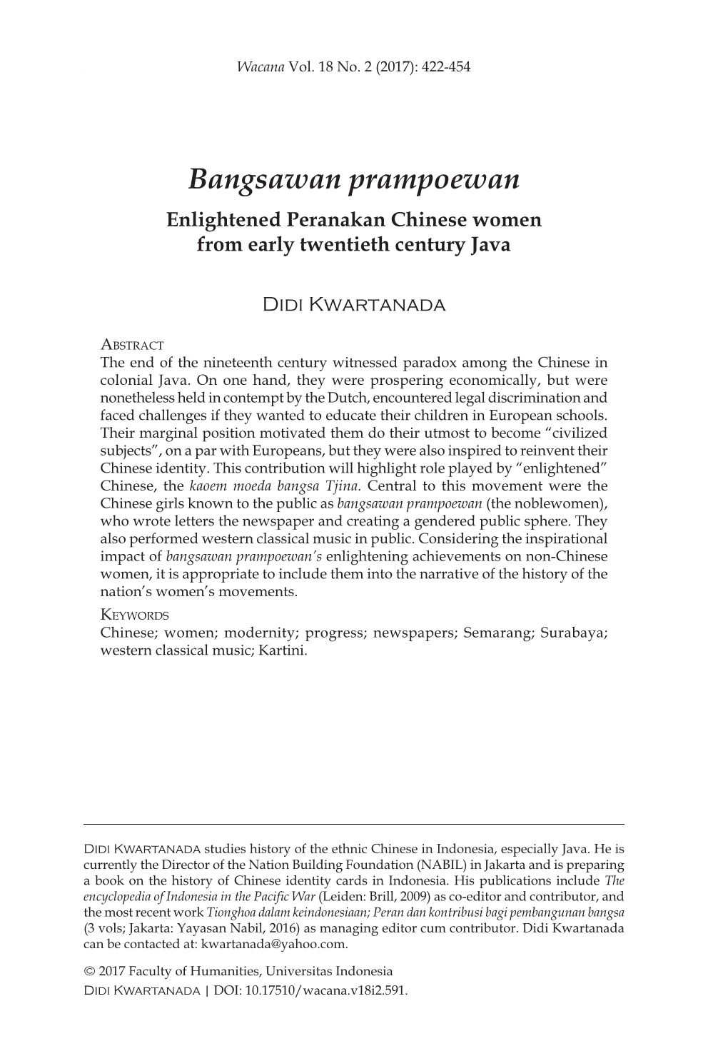 Bangsawan Prampoewan Enlightened Peranakan Chinese Women from Early Twentieth Century Java