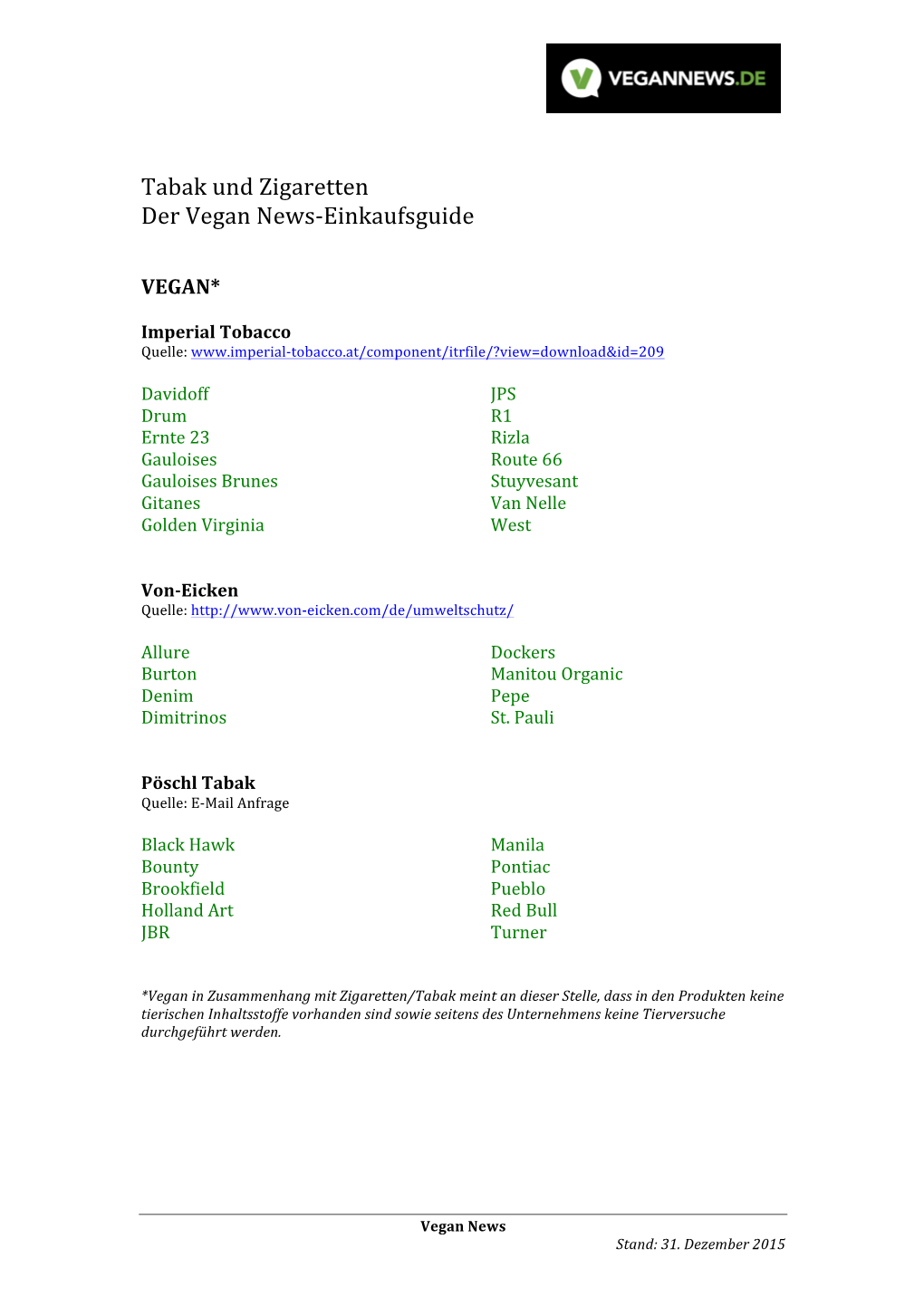 Tabak Und Zigaretten Der Vegan News-‐Einkaufsguide