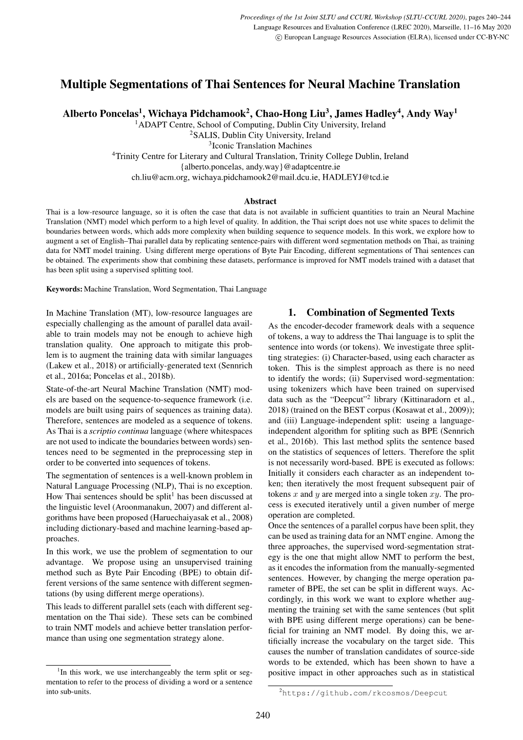 Multiple Segmentations of Thai Sentences for Neural Machine Translation