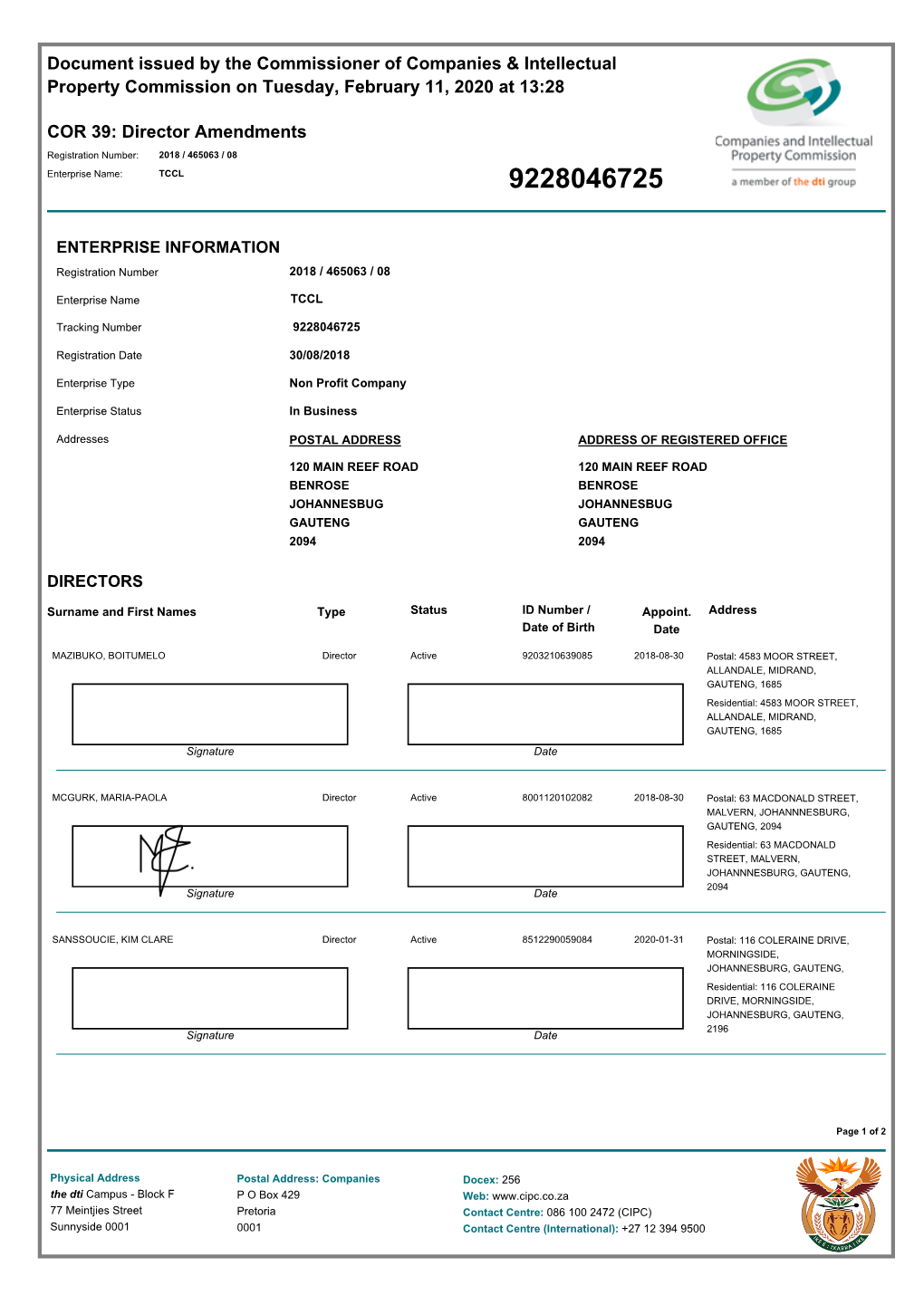 Document Issued by the Commissioner of Companies & Intellectual Property Commission on Tuesday, February 11, 2020 at 13:28 C